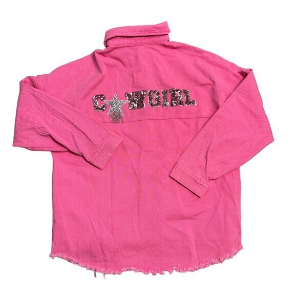 Fantastic Fawn Med Pink Denim Cowgirl Sequin Button Down Raw Hem Barbie Jacket - Picture 12 of 12